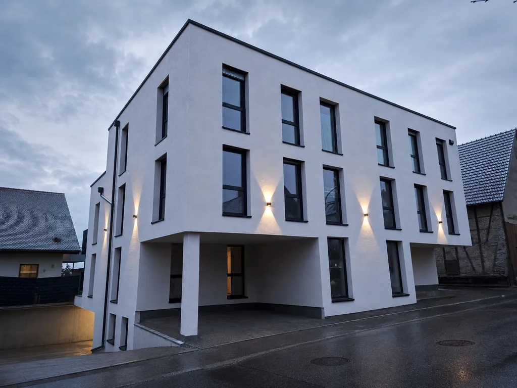 Ö16 in Jettingen-Unterjettingen: Mehrfamilienhaus mit sieben Wohneinheiten und heller Putzfassade, Straßenansicht